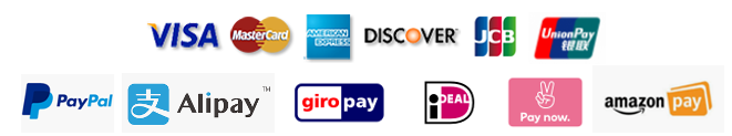 Visa, Mastercard, AMEX, Discover, JCB, UnionPay, Paypal, Alipay, GiroPay, Ideal, Sofort, and Amazon accepted